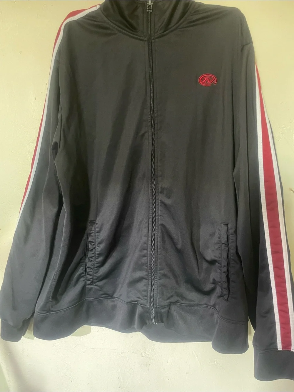 Old Navy Size XL Black Bomber Jacket with Red & White Sleeve Stripes